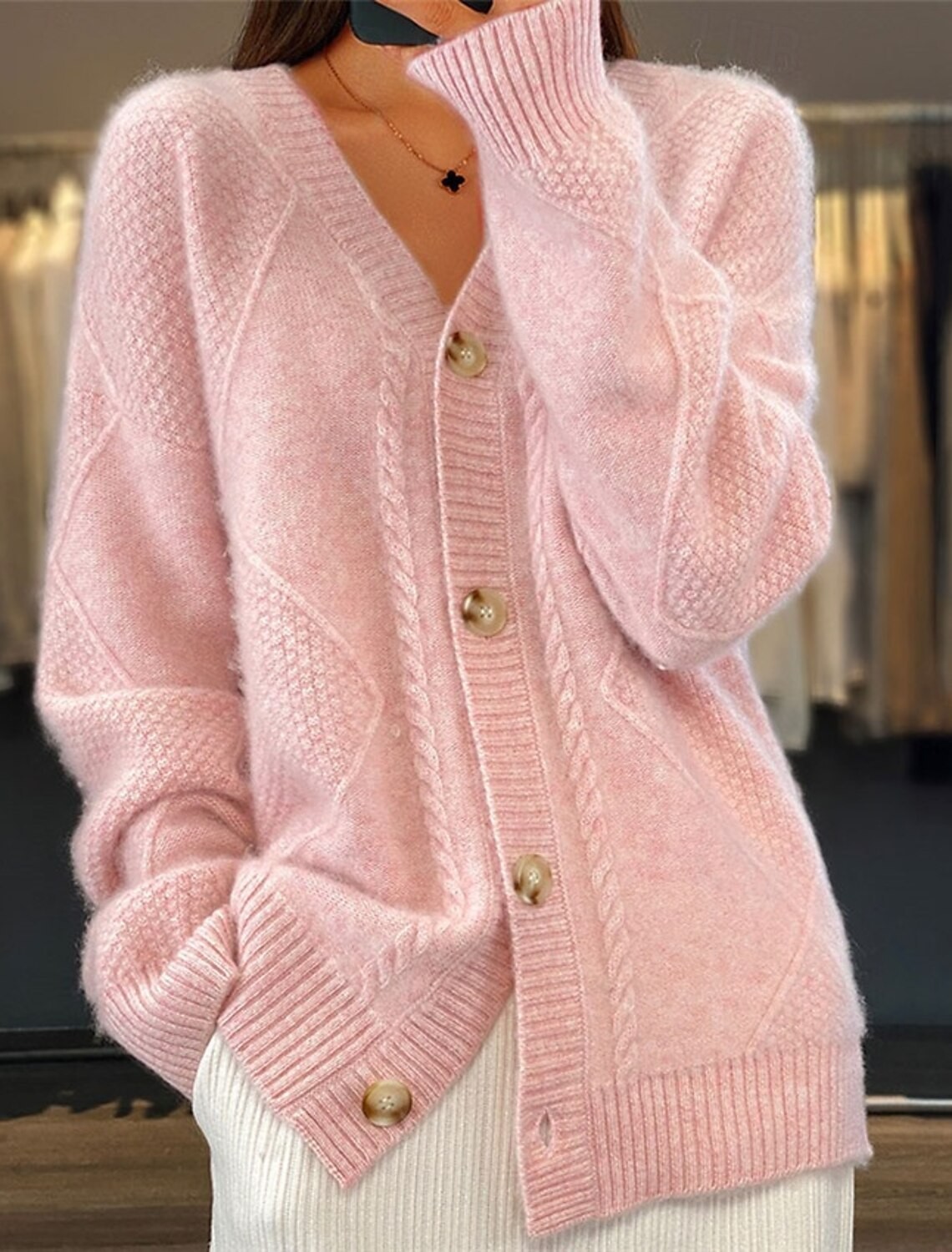 Women V Neck Cable Knit Cardig - Down Jacket Packable review and price